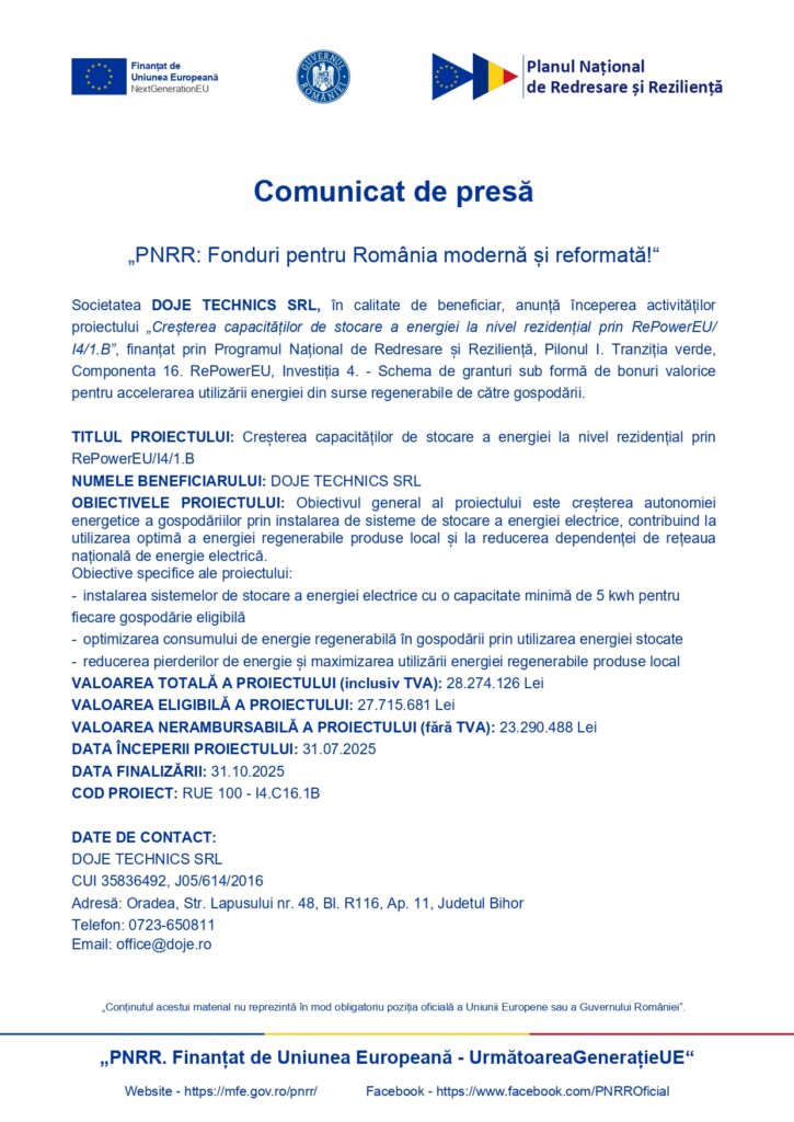 Comunicat de presă „PNRR: Fonduri pentru România modernă și reformată!“ 1 6389595comunicatdepresaDojeTechnicsSrlROpage0001